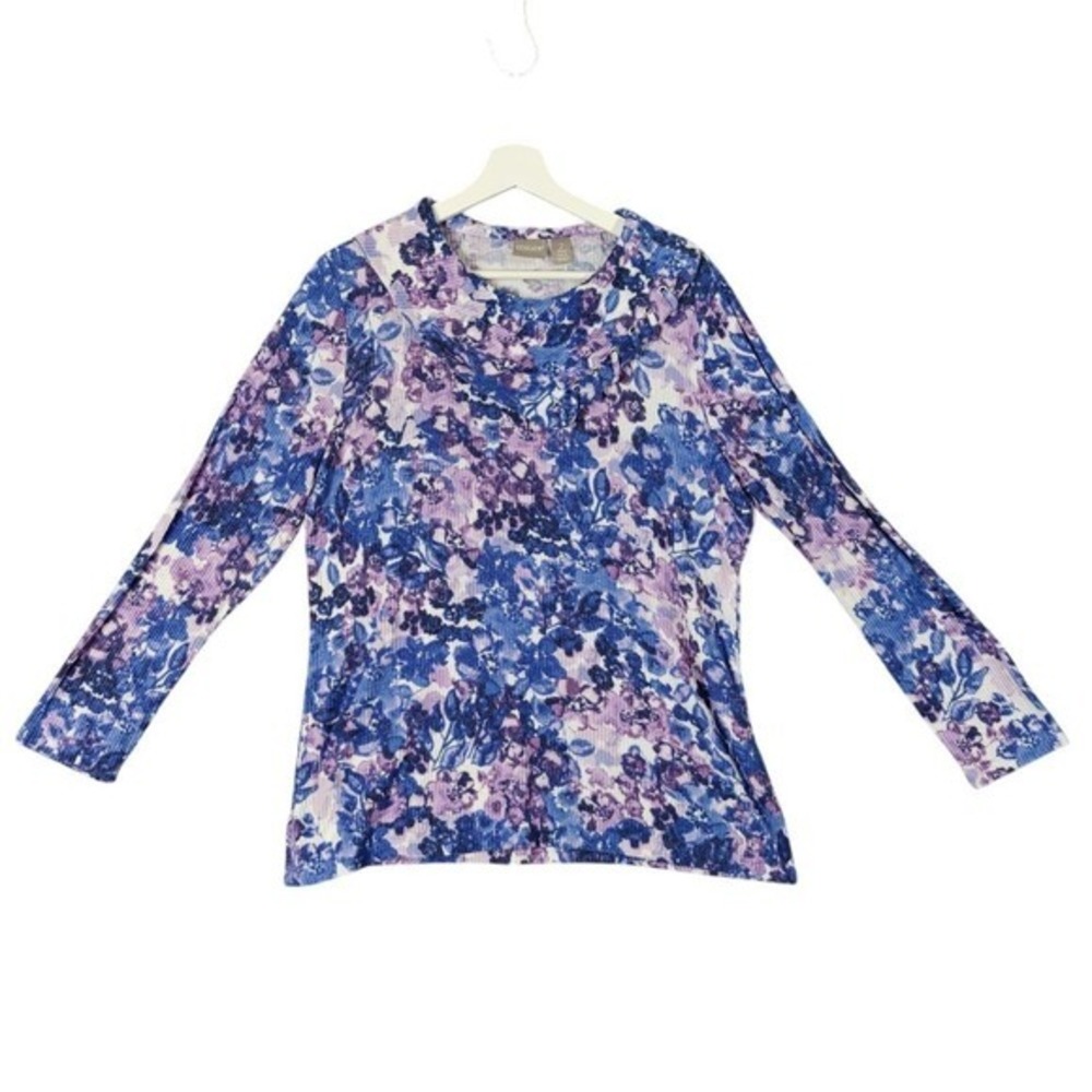 Chicos Womens Cottagecore Coastal Cowl Neck Top 2 L Blue Purple Floral Knit